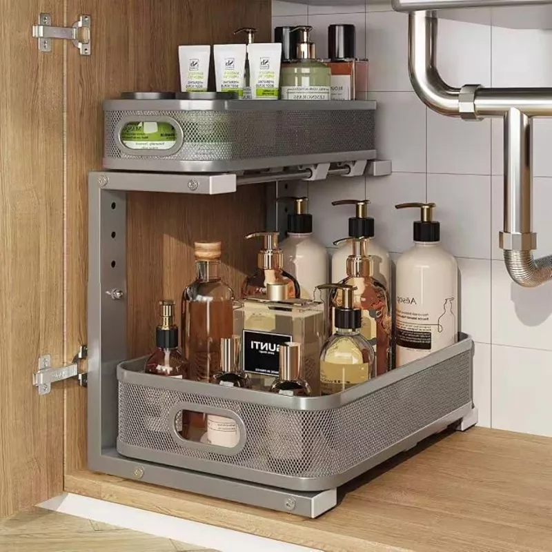 1-pack-15-7in-depth-under-sink-organizer-with-smooth-cylindrical-rail-2-tier-pul 1 Pack 15.7IN-Depth Under Sink Organizer With Smooth Cylindrical Rail,2-Tier Pull Out Multi-Purpose Cabinet Storage for Bathroom&Kitchen,Height Adjustable,Rust-resistant Coating-Gun Gray