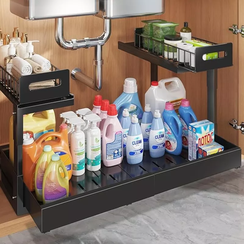 1-pack-16-26-w-expandable-under-sink-organizer-with-upgrade-ball-bearing-slide-2 1 Pack-16"-26"W Expandable Under Sink Organizer With Upgrade Ball-Bearing Slide,2-Tier Pull Out Under Cabinet Organizer Height Adjustable,Not Suitable For Cabinets With Partitions In The Middle