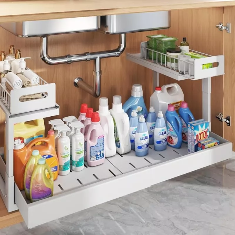 1-pack-19-32-w-expandable-under-sink-organizer-with-upgrade-ball-bearing-slide-2 1 Pack-19"-32"W Expandable Under Sink Organizer With Upgrade Ball-Bearing Slide,2-Tier Pull Out Under Cabinet Organizer Height Adjustable,Not Suitable For Cabinets With Partitions In The Middle