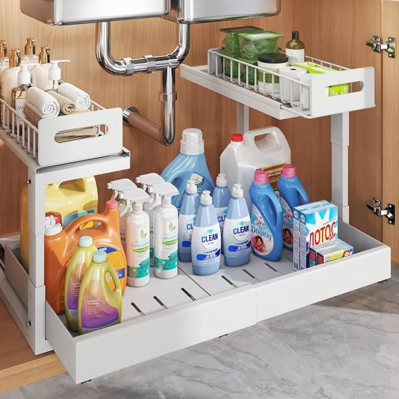1-pack-expandable-under-sink-organizers-storage-with-upgrade-ball-bearing-slide- 1 Pack Expandable Under Sink Organizers Storage With Upgrade Ball-Bearing Slide Tracks,2-Tier Pull Out Under Cabinet Organizer Height Adjustable,Not Suitable For Cabinets With Partitions In The Middle