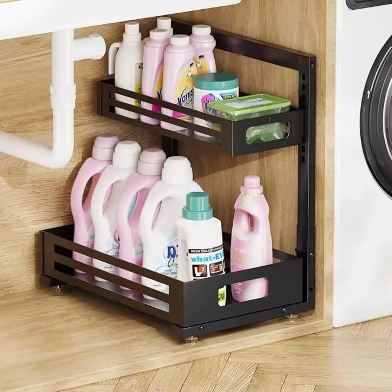 1-pack-under-sink-organizer-pull-out-cabinet-organizer-with-smooth-cylindrical-r 1 Pack Under Sink Organizer,Pull Out Cabinet Organizer With Smooth Cylindrical Rail,Metal Slide Out Drawer for Kitchen Bathroom Laundry Cabinet,8-Level Tool Free Height Adjustable-White