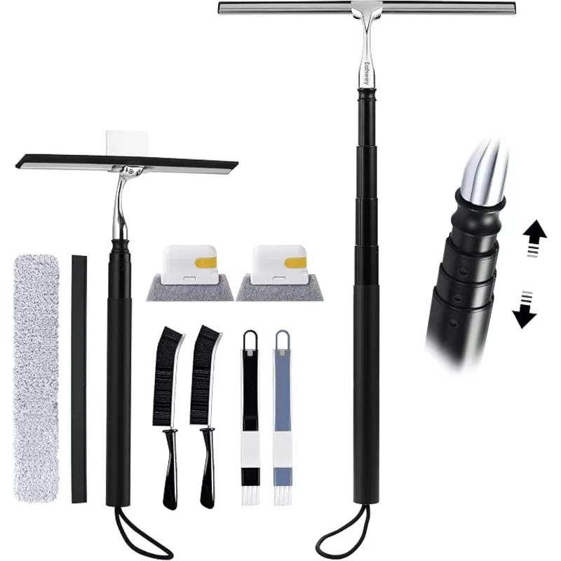 12-51 Telescopic Window Squeegee for High Windows, 2-in-1 Window Cleaning Kit with Extra Silicone Blade & Hook, Professional Squeegee for Shower Glass Doors (Window Squeegee Set)