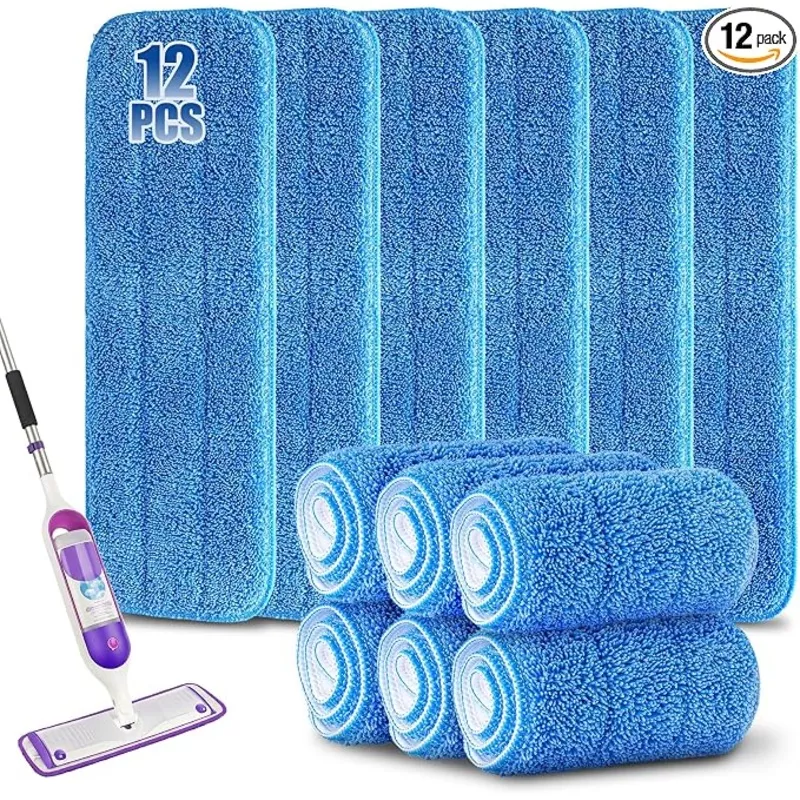 12Pack Microfiber Mop Pads, Reusable and Washable Spray Mop Pads, Blue