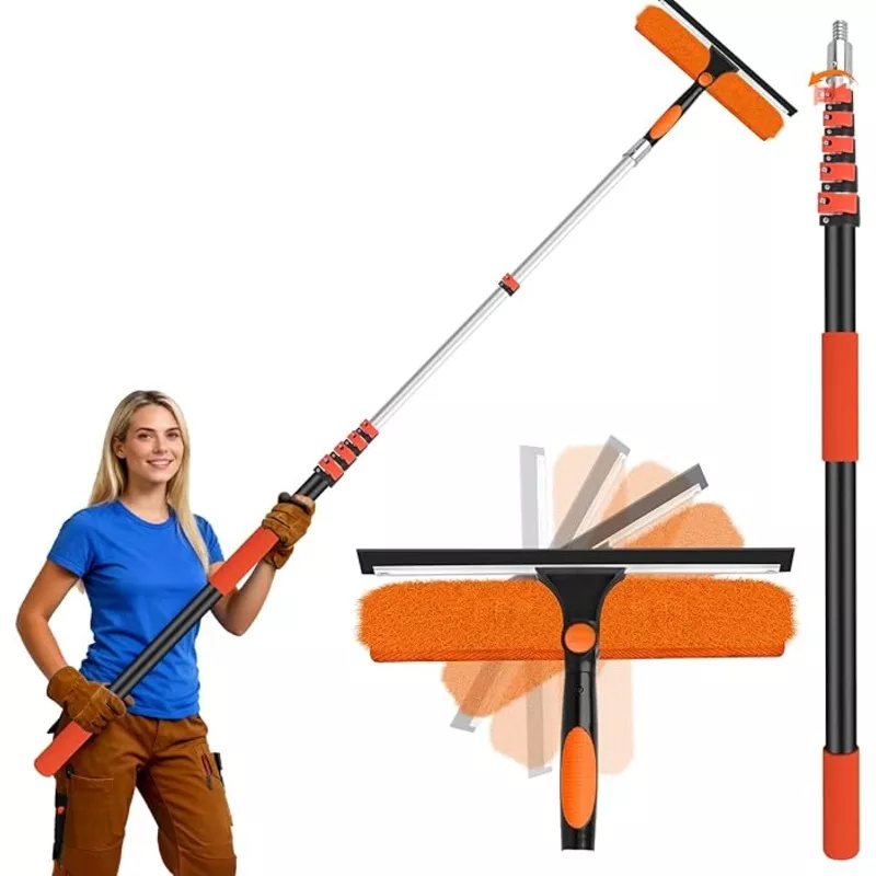 14" Extra-Wide Window Squeegee with Extension Pole, 30FT High Reach Window Cleaning Kit with- 2-in-1 Professional Window Scrubber & 5-24FT Extension Pole, for Indoor & Outdoor High Windows,RVs
