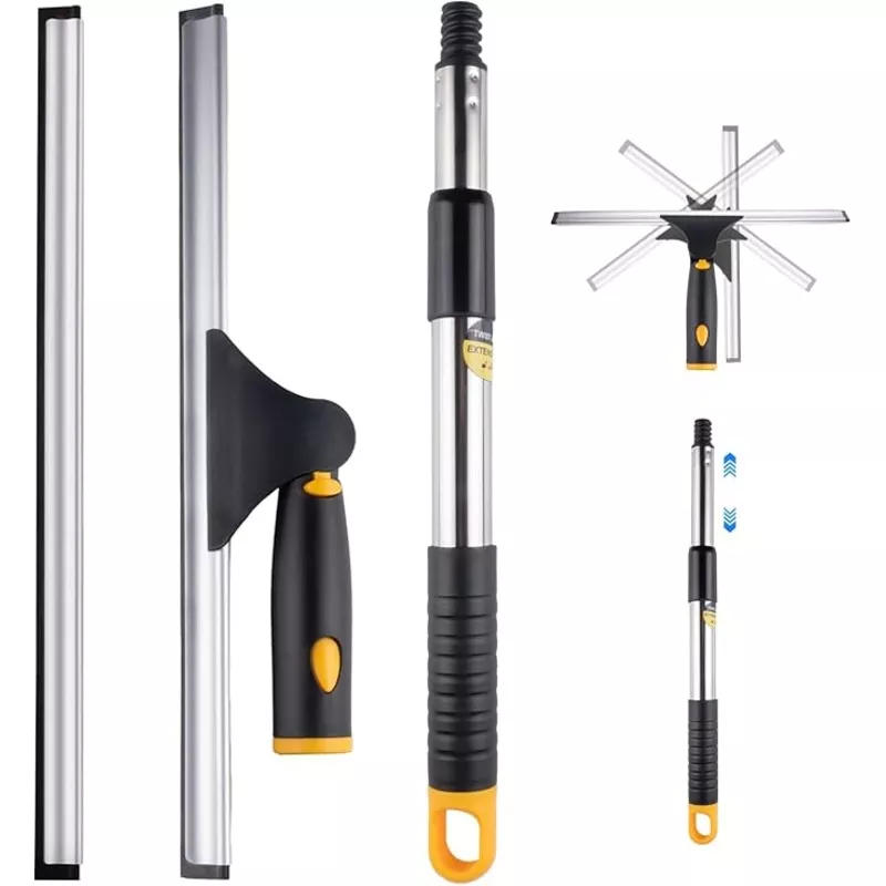 14" Window Cleaning Tool, All-Purpose Extendable Window Squeegee with 2 Blades and Stainless Steel Pole, Shower Squeegee for Glass Doors,Shower Doors, Windows, Bathroom and Car Windshields