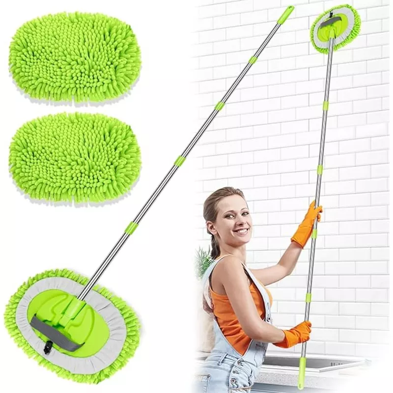 2 in 1 Lightweight Wall Cleaner Mop with Long Handle 75" 190cm Ceiling Duster Lint-Free Chenille Fiber Mop for Kitchen Baseboard Floor Glass Window Roof Cleaning Washer Scrubber Brush Tool Wet Dry Use