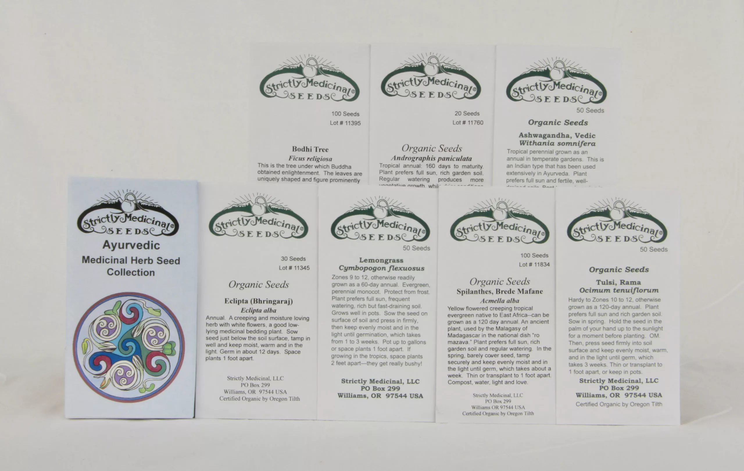 Ayurvedic Medicinal Herb Seed Collection (7 packets): Bodhi Tree; Andrographis; Ashwagandha, Vedic; Eclipta, Lemongrass; Spilanthes, Brede Mafane; Tulsi, Rama