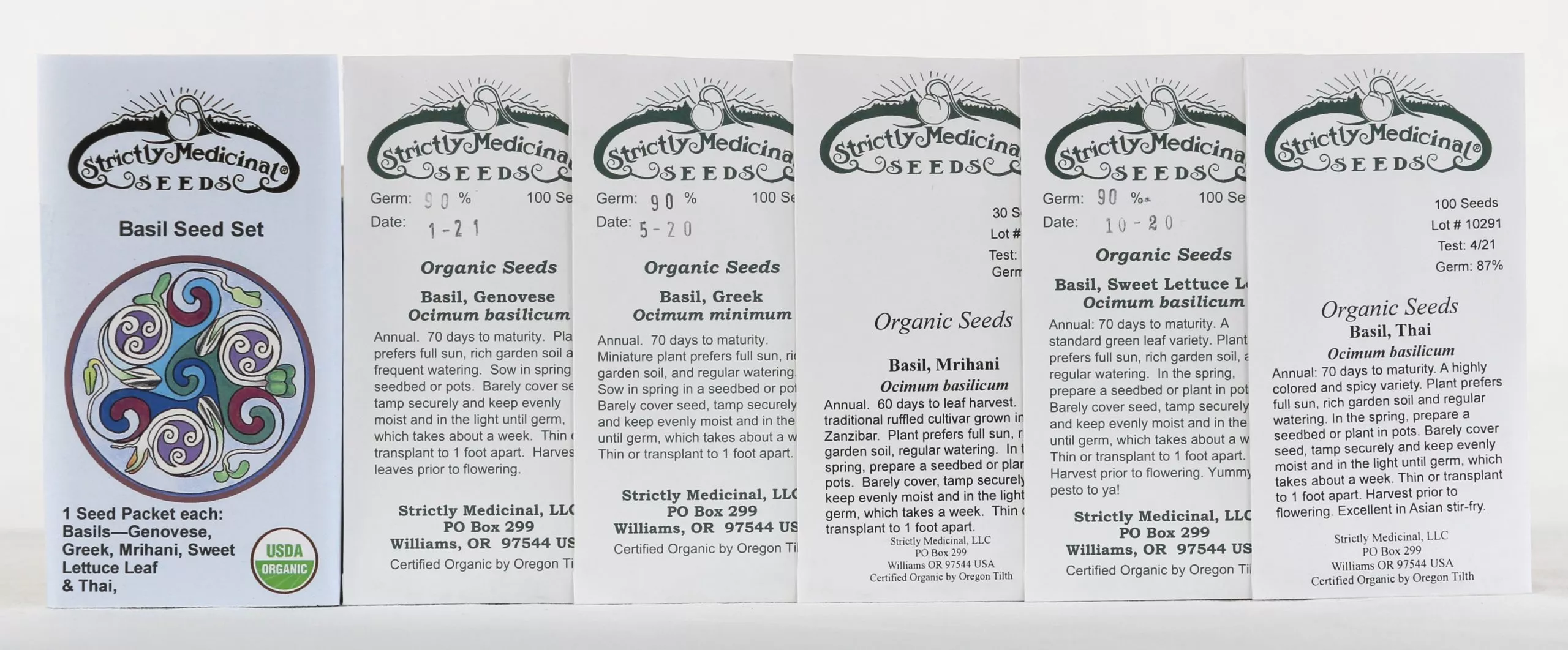 Basil Seed Set (5 packets): Genovese, Greek, Mrihani, Sweet and Thai, Organic