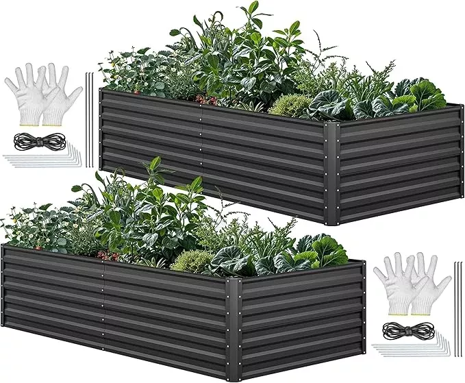 yitahome-8x4x2ft-2pcs-large-raised-garden-bed-kit-galvanized-metal-planter-box-w YITAHOME 8x4x2ft 2pcs Large Raised Garden Bed Kit, Galvanized Metal Planter Box with Gloves, Ground Nails & Safety Rubber, Outdoor Above Ground Planters for Plants Vegetables Flowers, Black