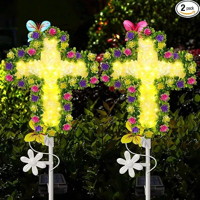 yjfwal-solar-flowers-cross-garden-stake-lights-yard-solar-lights-cemetery-decora YJFWAL Solar Flowers Cross Garden Stake Lights, Yard Solar Lights Cemetery Decorations for Grave Outdoor Jesus Cross Sympathy Memorial Gifts for Grandmother, Garden Yard Lawn Patio Pathway