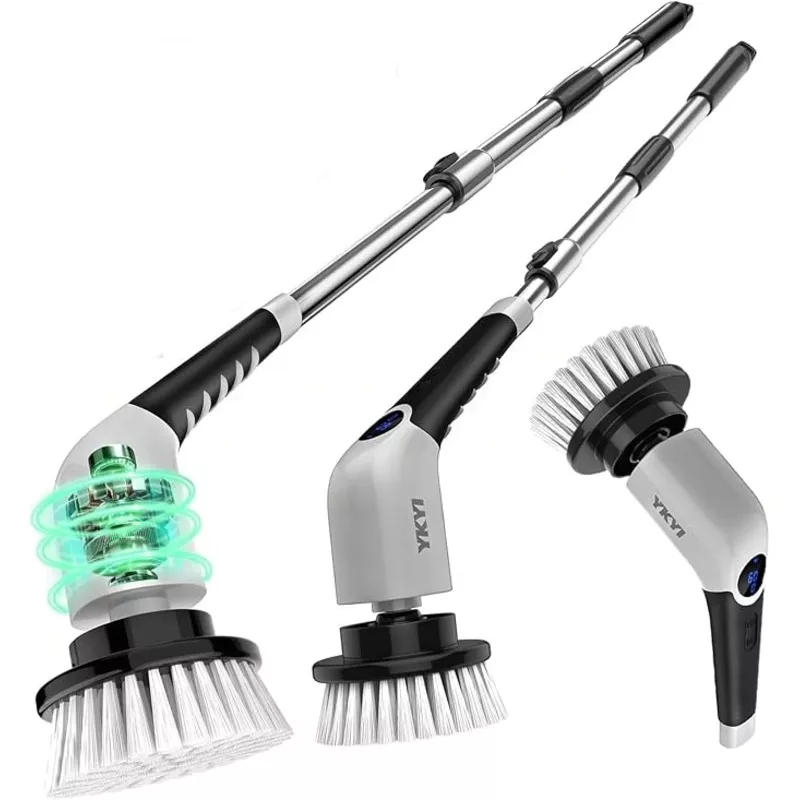 YKYI Electric Spin Scrubber, Cordless Cleaning Brush with 8 Replaceable Brush Heads, Power Scrubber with Adjustable Extension Handle for Bathroom, Tub, Tile, Floor and Kitchen Cleaning (Violet)