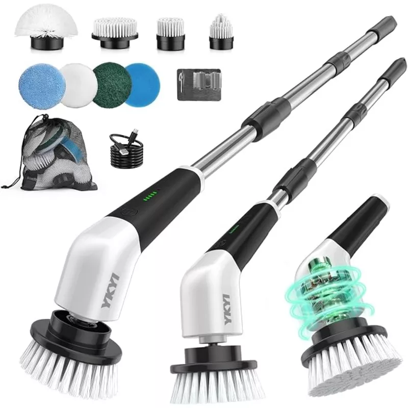 YKYI Electric Spin Scrubber, Cordless Power Scrubber Cleaning Tool with 8 Replaceable Heads and Extension Handle for Bathroom, Tub, Tile, Floor, Grout and Car (White)