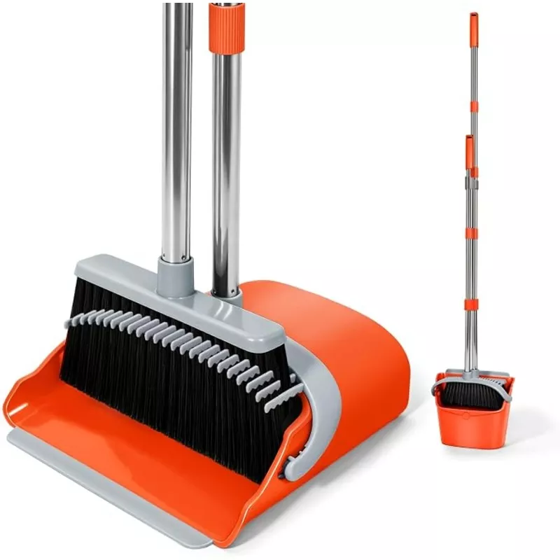 yzo-broom-with-dustpan-combo-set-54-33-inch-long-handle-standing-design-dustpan- YZO Broom with Dustpan Combo Set, 54.33 Inch Long Handle Standing Design, Dustpan Front Rubber Tight Seal, Broom with 5 Layer Bristles, Suitable for Living Room, Yard, Office and Apartment (Orange)
