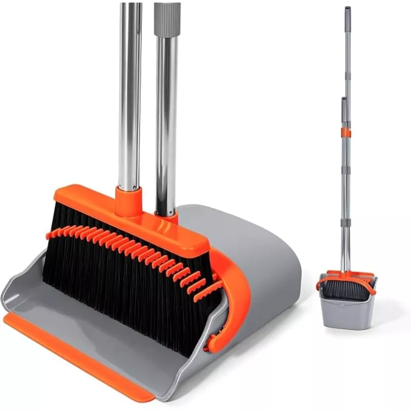 yzo-broom-with-dustpan-combo-set-56-1-inch-long-handle-standing-design-dustpan-f YZO Broom with Dustpan Combo Set, 56.1-Inch Long Handle Standing Design, Dustpan Front Rubber Tight Seal, Broom with 5-Layer Bristles, Suitable for Indoor Outdoor(Gray&Orange)