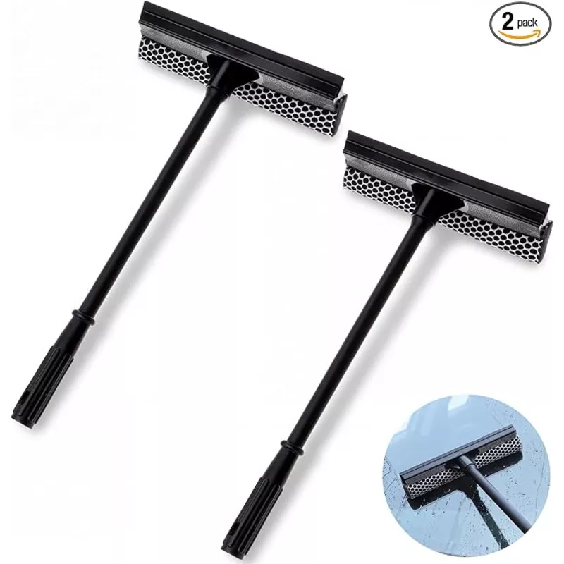 Zhengmy 2 Pcs 15.8" Window Squeegee with Long Handle for Car, 2 in 1 Car Window Cleaning Tool, Sponge Squeegee Windshield for Gas Station, Home, Auto, Glass, Shower, Outdoor High Windows Cleaning